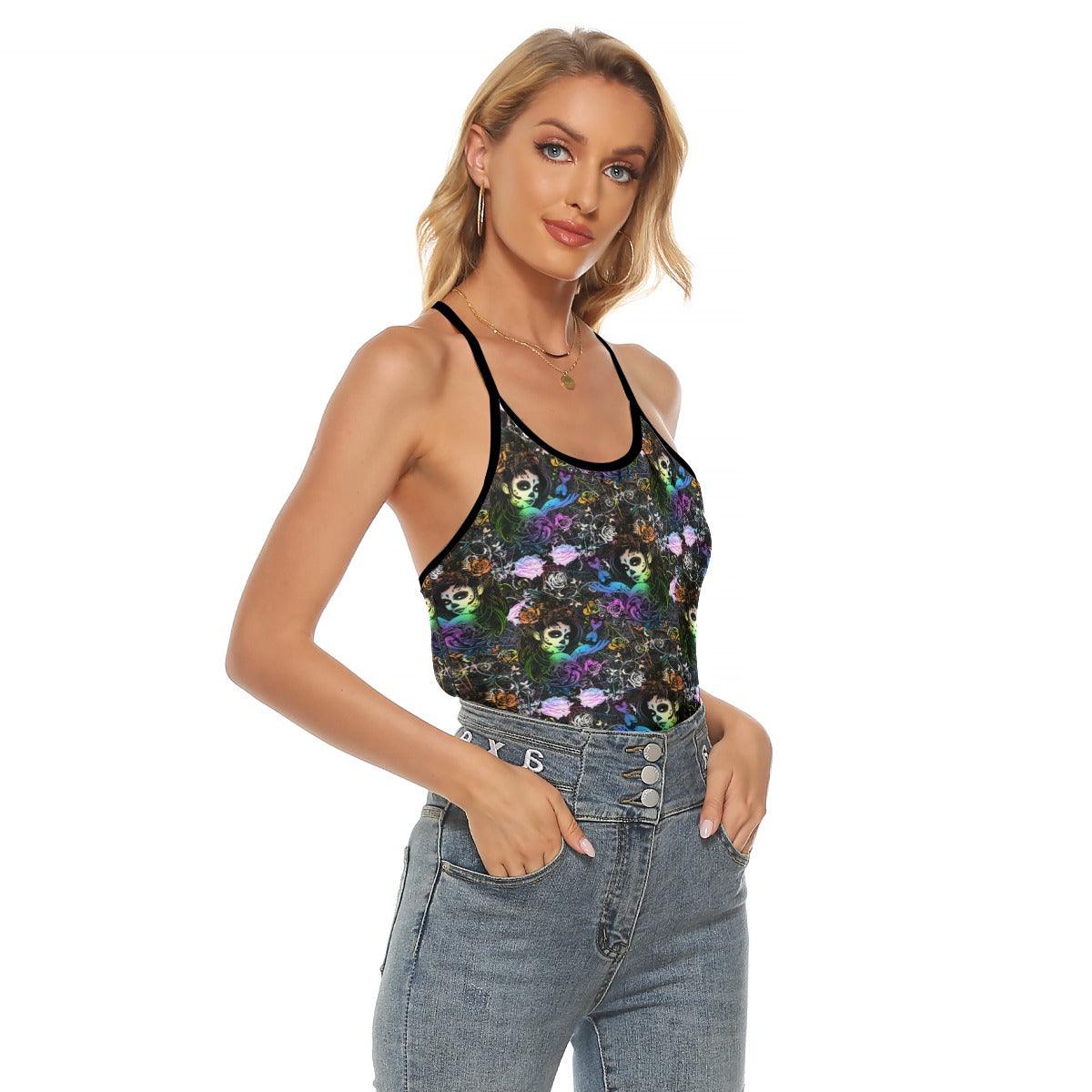 Skull Girl Gothic Bat Criss-Cross Open Back Tank Top, Hot T-Shirt For Women - Wonder Skull