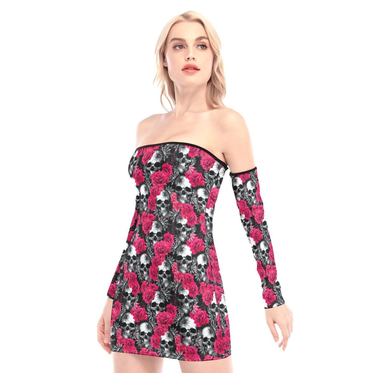 Skulls Spiderwebs Roses Off-shoulder Back Lace-up Dress - Wonder SKull