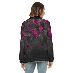 Violet Skull Rose Borg Fleece Sweatshirt With Half Zip - Wonder Skull