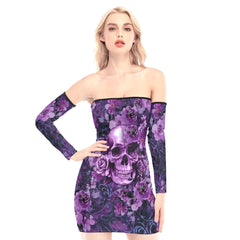 Purple Skull Flowers Off-shoulder Back Lace-up Dress - Wonder Skull