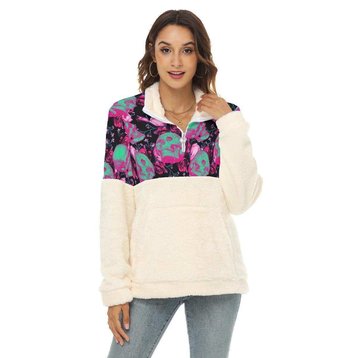 Green Pasteul Skull Fleece Sweatshirt With Half Zip - Wonder Skull