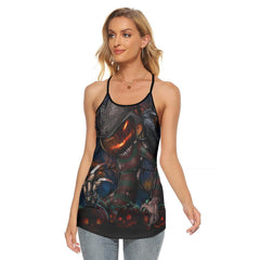 Halloween Pumpkin Skull Criss-Cross Open Back Tank Top, Hot T-Shirt For Women - Wonder Skull