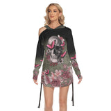 Pink Color Flower Butterfly Skull Print Open Shoulder Dress - Wonder Skull