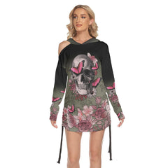 Pink Color Flower Butterfly Skull Print Open Shoulder Dress - Wonder Skull