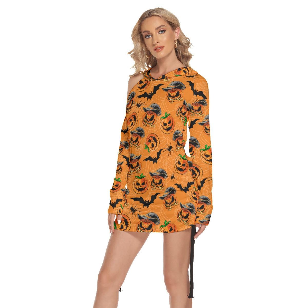 Halloween Bat Pumpkin All Over Print Women One Shoulder Dress With Waist Shirring, Long Hoodie For Women - Wonder Skull