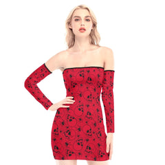 Red Spider Skull Off-shoulder Back Lace-up Dress - Wonder Skull