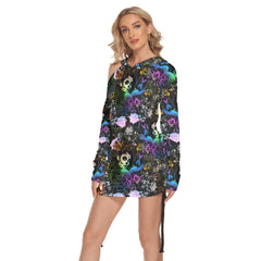 Skull Girl All-Over Print Women One Shoulder Dress With Waist Shirring, Hot Long Hoodie For Women - Wonder Skull