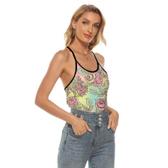 Vintage Sugar Skull Criss-Cross Open Back Tank Top, Coolest T-Shirt For Women - Wonder Skull