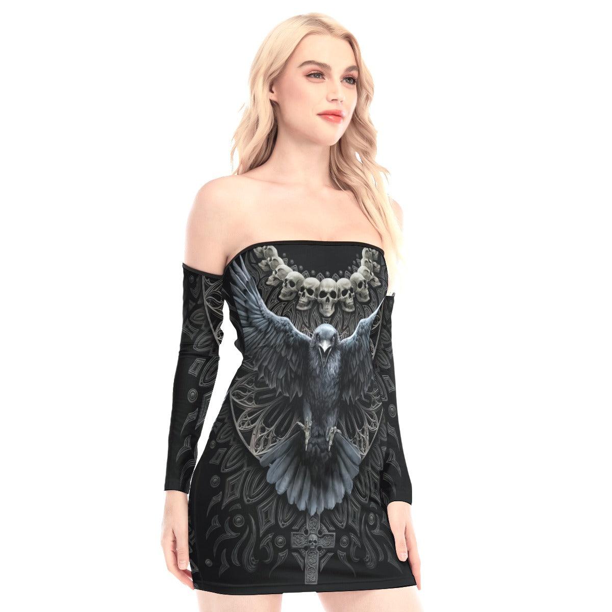 Gothic Raven Skull Off-shoulder Back Lace-up Dress - Wonder Skull