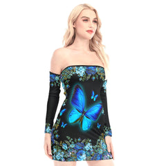 Glowing Blue Butterfly Off-shoulder Back Lace-up Dress - Wonder Skull