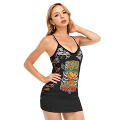 Ready For Halloween All-Over Print Women Black Lace Cami Dress, Hot Nightwear For Women - Wonder Skull