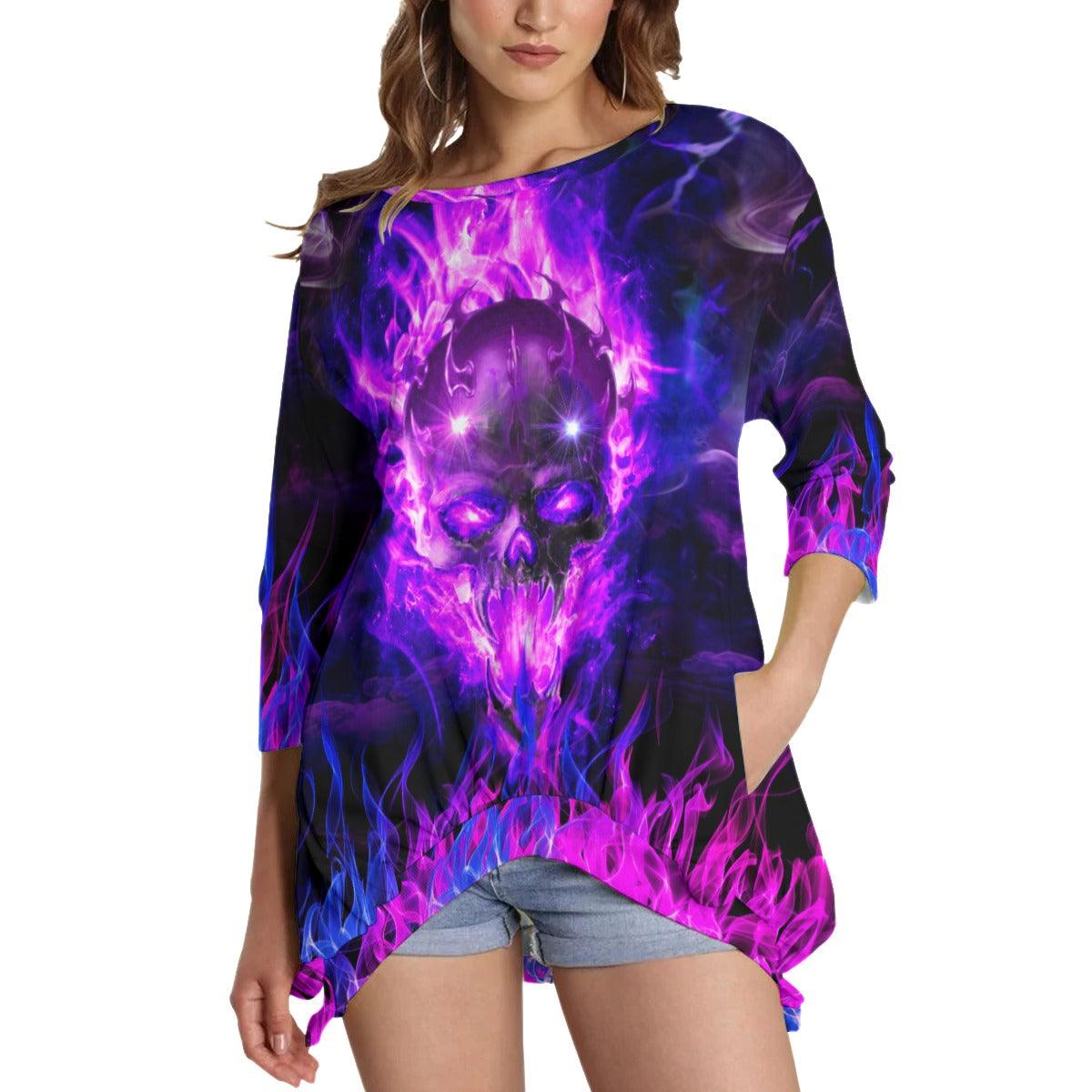 Purple Skull Fire Sweatshirt With Irregular Pleated Hem - Wonder Skull