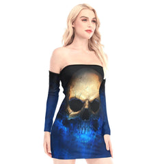 Blue Flame Skull Off-shoulder Back Lace-up Dress - Wonder Skull