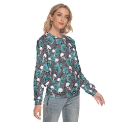 Cyan Roses And Skulls Pattern Slim Round Neck Sweatshirt - Wonder Skull