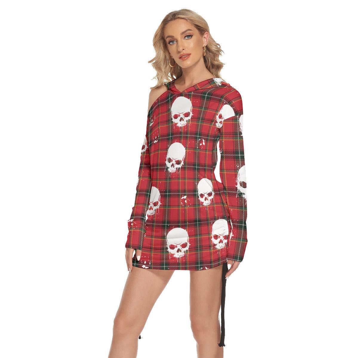 Christmas Red White Water Skull Print Open Shoulder Dress  - Wonder Skull