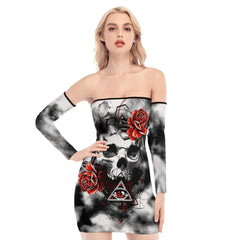 Skull Rose Red Tie Dye Off-shoulder Back Lace-up Dress - Wonder Skull