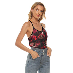 Red Electric Skull Artwork Hand Criss-Cross Open Back Tank Top, Trending T-Shirt For Women - Wonder Skull