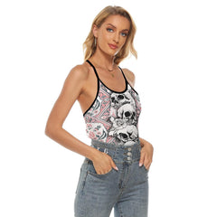 Pink Floral Skull Criss-Cross Open Back Tank Top, Coolest T-Shirt For Women - Wonder Skull