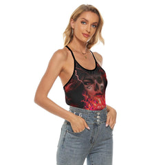 Gothic Girl Skull Flame Thunder Criss-Cross Open Back Tank Top, Coolest T-Shirt For Women - Wonder Skull