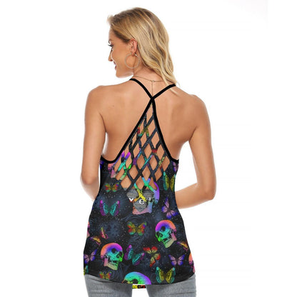 TieDye Skull Butterfly Criss-Cross Open Back Tank Top, Trending T-Shirt For Women - Wonder Skull