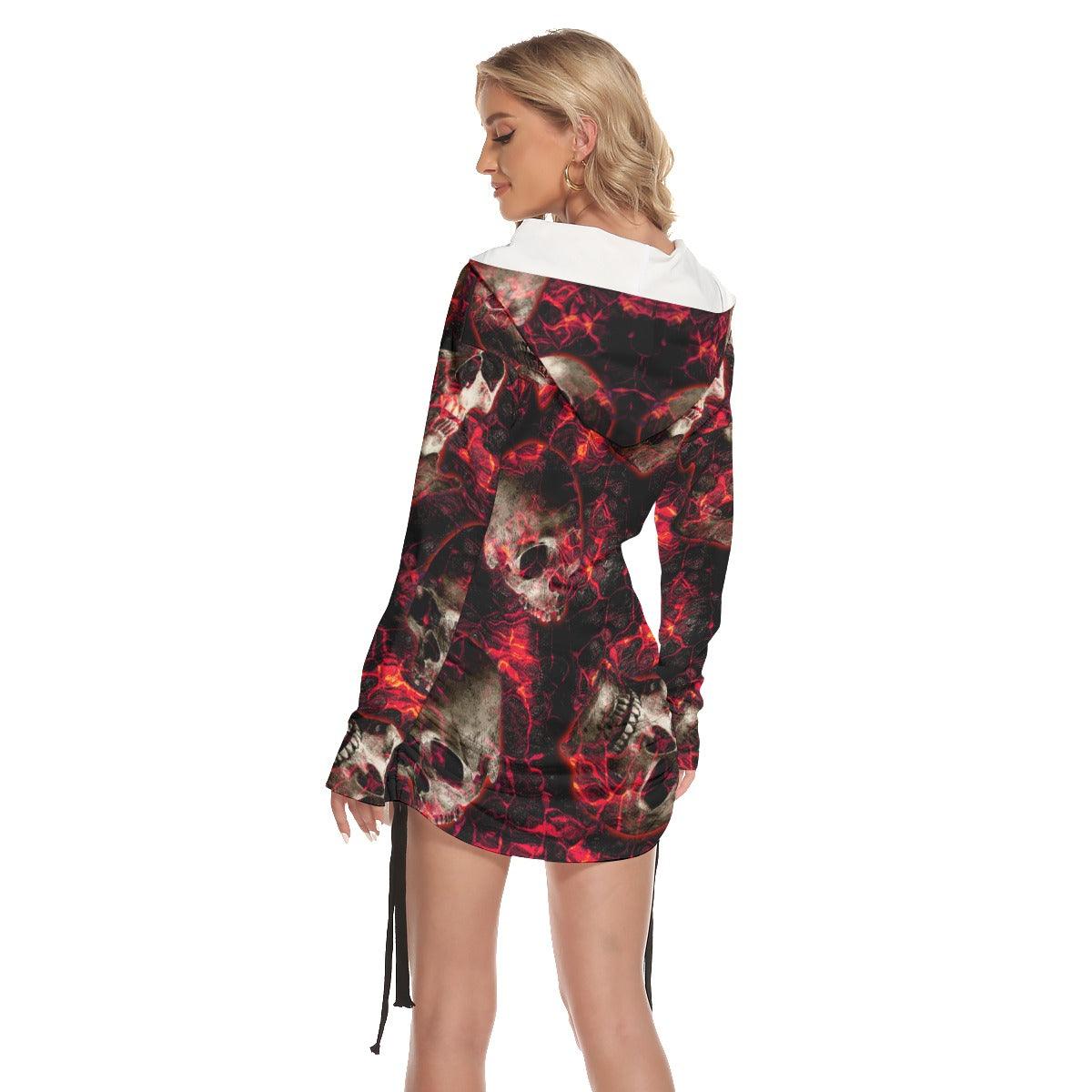 Shadow Fire Skull All Over Print Women One Shoulder Dress With Waist Shirring - Wonder Skull