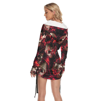 Shadow Fire Skull All Over Print Women One Shoulder Dress With Waist Shirring - Wonder Skull