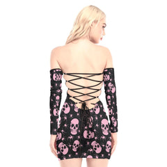 Pink Spider Skull Off-shoulder Back Lace-up Dress - Wonder Skull