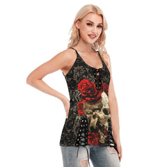 Skull Rose Red Gothic Eyelet Lace-up Letter Dress - Wonder Skull