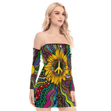 Sunflower Hippie Pattern Off-shoulder Back Lace-up Dress - Wonder Skull