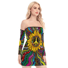 Sunflower Hippie Pattern Off-shoulder Back Lace-up Dress - Wonder Skull