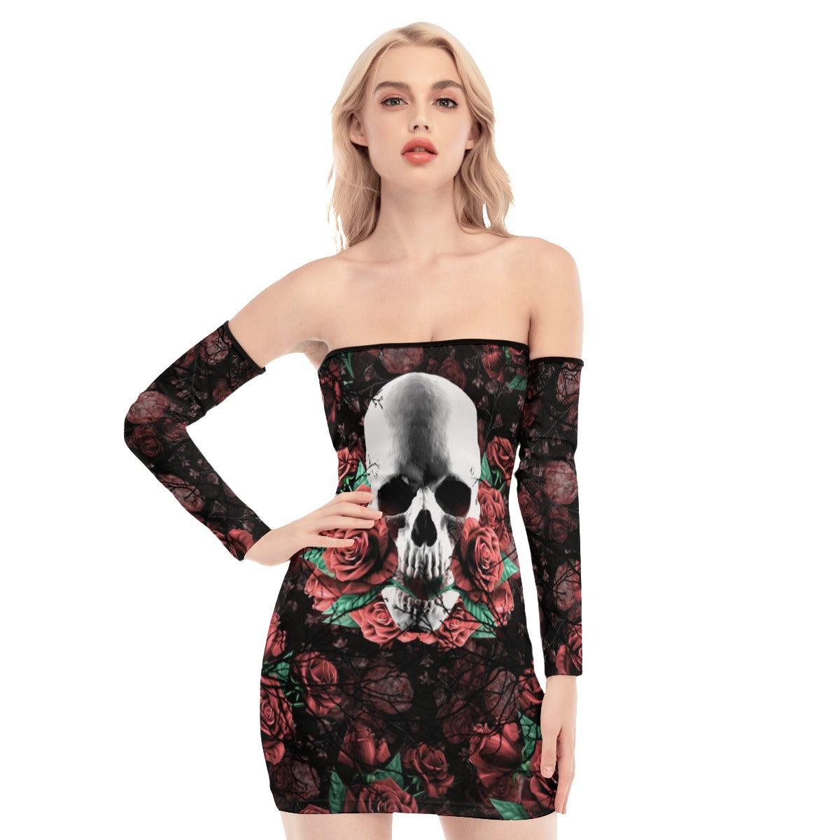 Skull Sugar Red Rose Off-shoulder Back Lace-up Dress - Wonder Skull