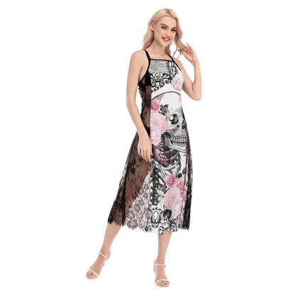 Pink Gothic Skeleton Pattern Lace Cami Cross Back Women Dress - Wonder Skull