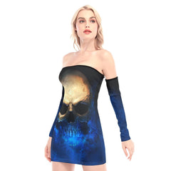 Blue Flame Skull Off-shoulder Back Lace-up Dress - Wonder Skull