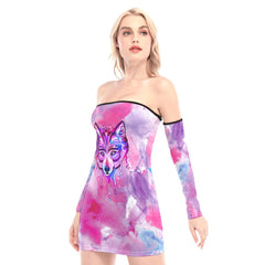 Pink Melting Wolf Off-shoulder Back Lace-up Dress - Wonder Skull