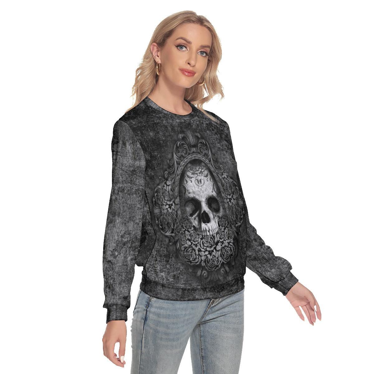 Gothic Mirror Skull Slim Round Neck Sweatshirt - Wonder Skull