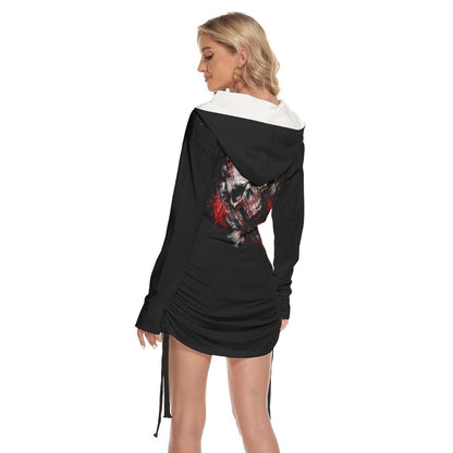Red Skull Cross All Over Print Women One Shoulder Dress With Waist Shirring, Halloween Long Hoodie For Women - Wonder Skull