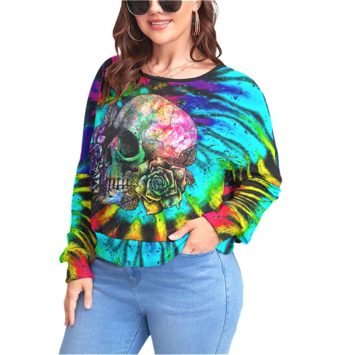 Tie Dye Skull Backless Sweatshirt With Bat Sleeve - Wonder Skull