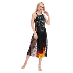 Fire Flame Skull Pattern Lace Cami Cross Back Women Dress - Wonder Skull