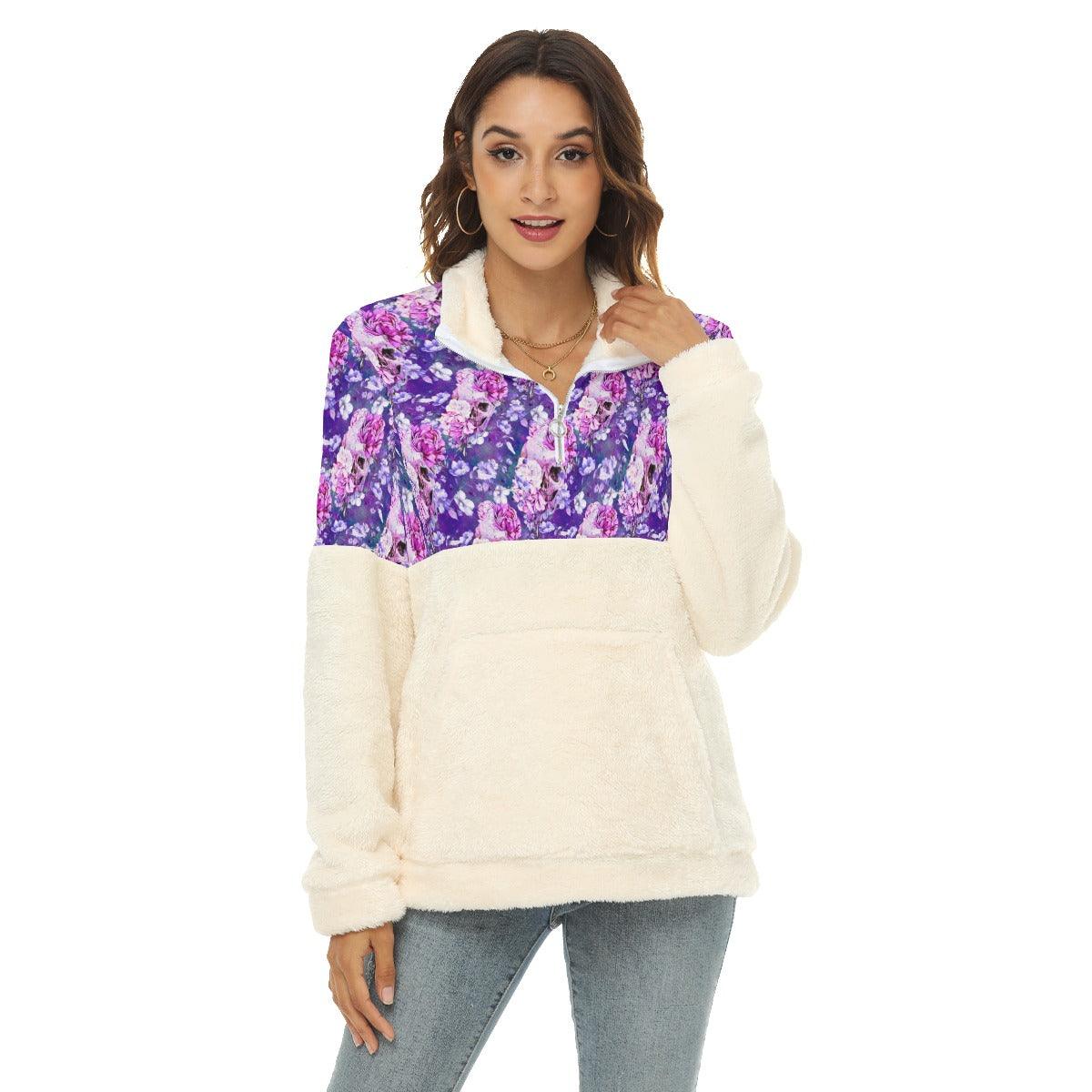 Purple Skull Rose Pattern Fleece Sweatshirt With Half Zip - Wonder Skull
