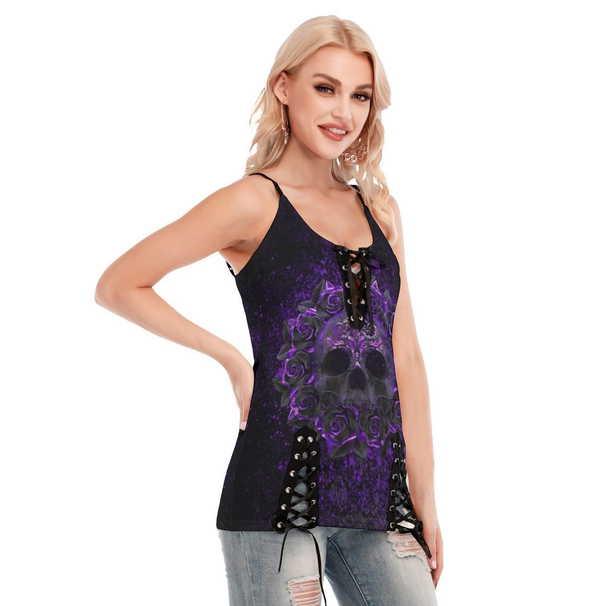 Skull Purple Gothic Eyelet Lace-up Letter Dress - Wonder Skull
