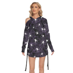 White Spider All Over Print Women One Shoulder Dress With Waist Shirring, Long Hoodie For Women - Wonder Skull