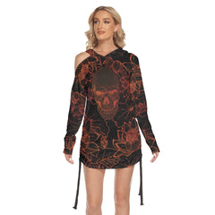 Lotus Orange Skull Print Open Shoulder Dress - Wonder Skull