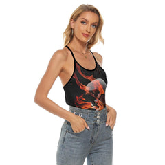 Fire Flame Skull Criss-Cross Open Back Tank Top, Coolest T-Shirt For Women - Wonder Skull