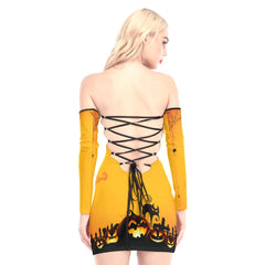 Halloween Tree Off-shoulder Back Lace-up Dress - Wonder Skull