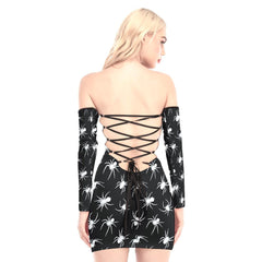 White Spider Pattern Off-shoulder Back Lace-up Dress - Wonder Skull