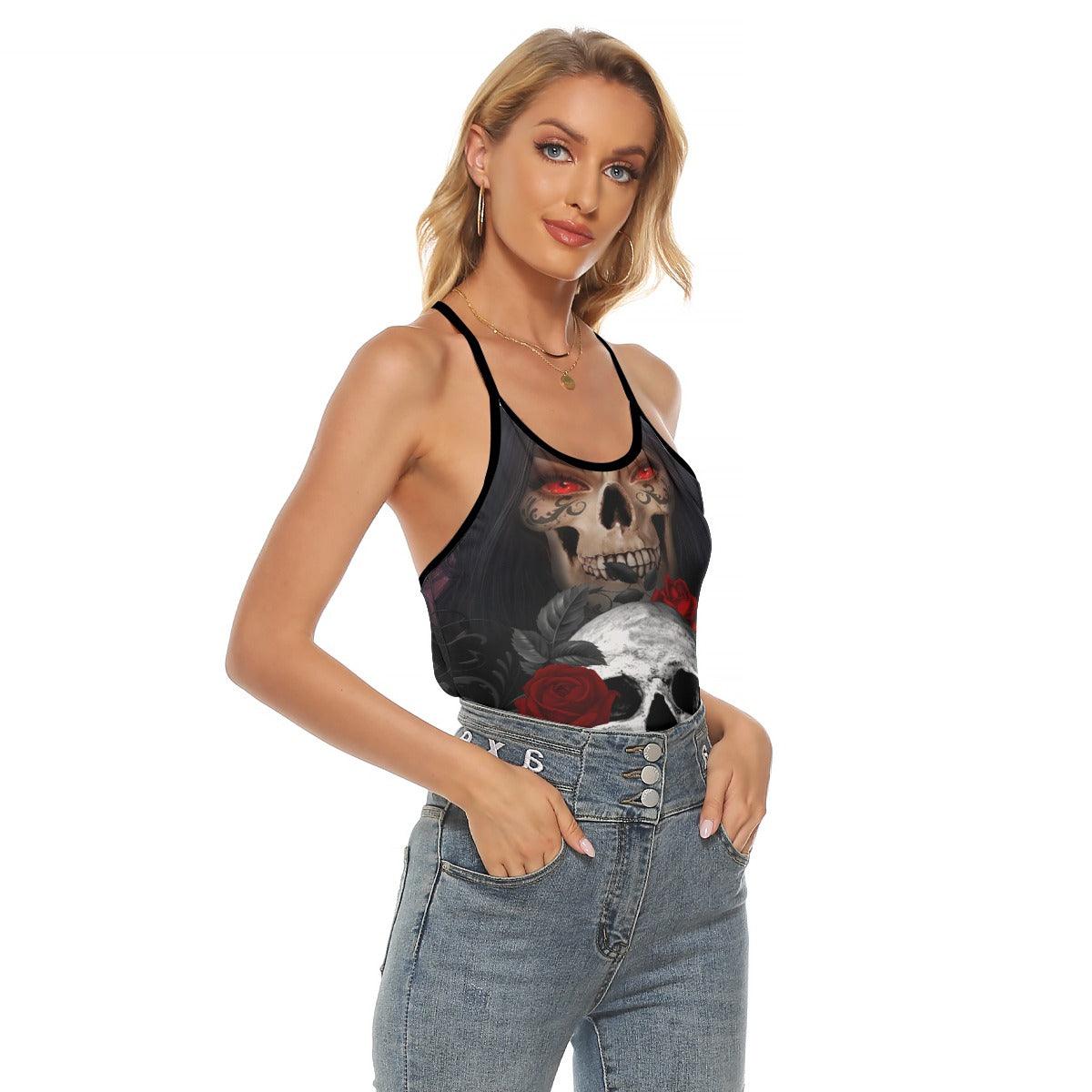 Gothic Girl Skull Rose Criss-Cross Open Back Tank Top, Coolest T-Shirt For Women - Wonder Skull