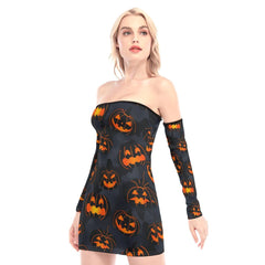 Halloween Pumpkin Off-shoulder Back Lace-up Dress - Wonder Skull