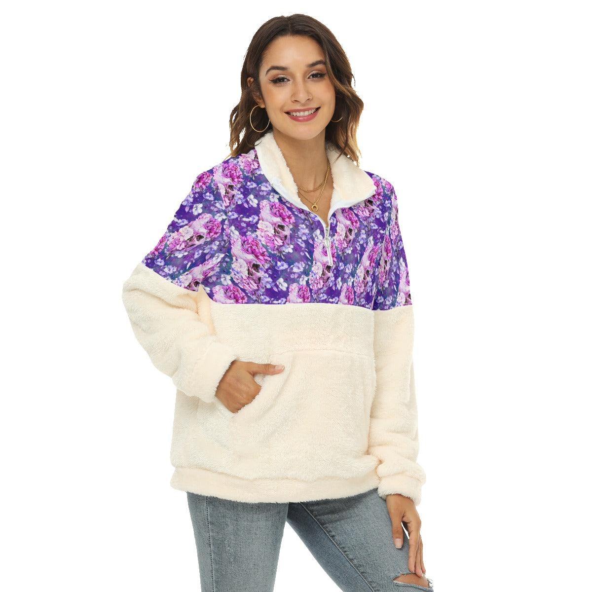 Purple Skull Rose Pattern Fleece Sweatshirt With Half Zip - Wonder Skull