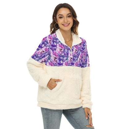 Purple Skull Rose Pattern Fleece Sweatshirt With Half Zip - Wonder Skull