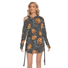Halloween Bat Pumpkin All Over Print Women One Shoulder Dress With Waist Shirring - Wonder Skull